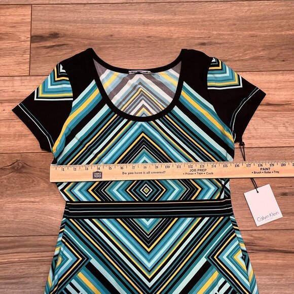 Calvin Klein Sheath Dress SZ 6 Pullover Stretch Turquoise Yellow Short Sleeve - Picture 5 of 11